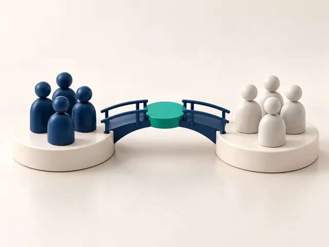 Dos grupos de figuras unidos por un puente con una plataforma en el centro.