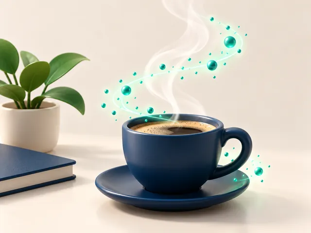 Taza de café humeante rodeada de partículas luminosas.