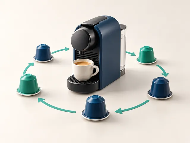 Máquina de café de cápsulas rodeada por cápsulas que forman un ciclo.