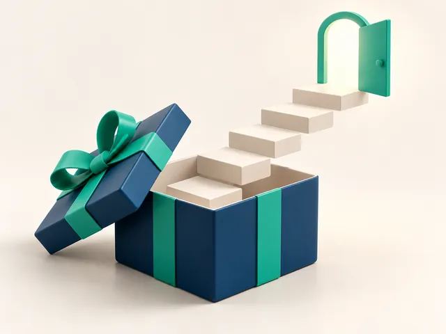 Caja de regalo abierta con escalones que llevan a una puerta destacada.