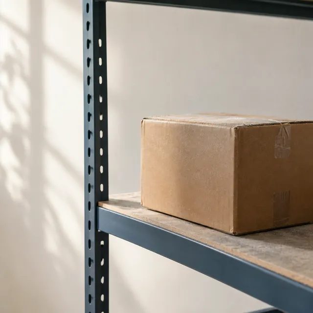 Caja de cartón con polvo sobre un estante.