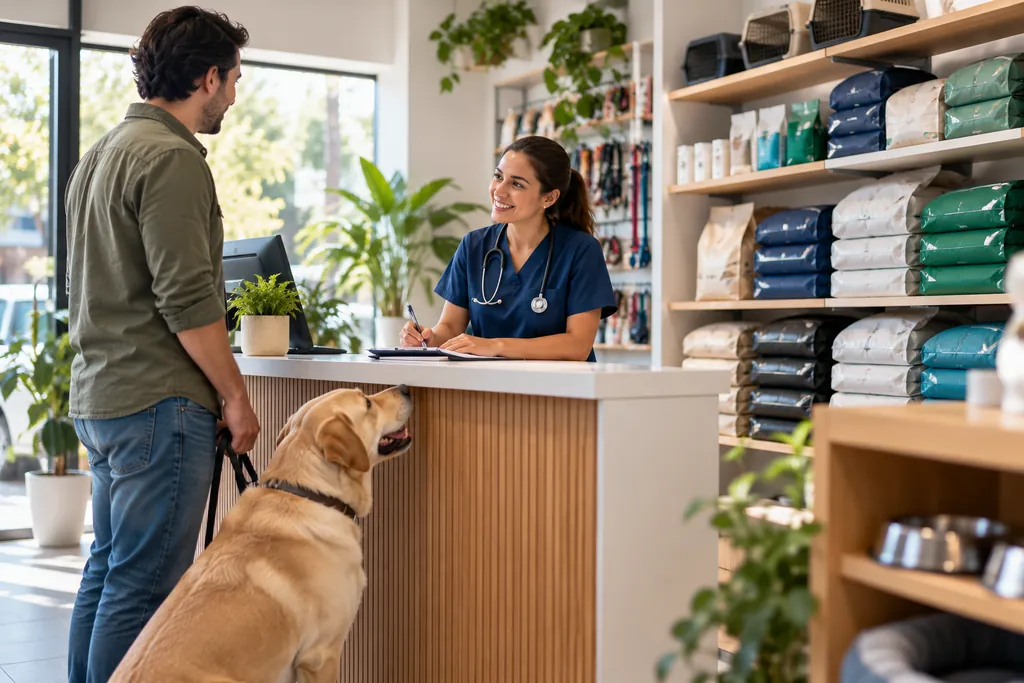 Veterinaria atiende a un cliente con su perro en el mostrador, junto a sacos de alimento.